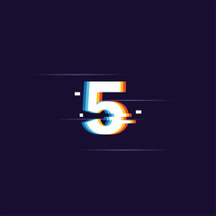 Number 5, Digital glitched numbers with distortion effect, Dark background  