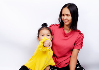 Asian Mother and girl kids portrait on white backgrounds