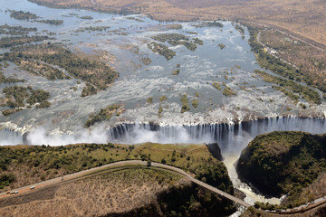 A view of Victoria Falls as seen from a helicopter 