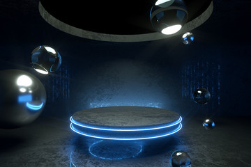 3D render, abstract blue neon background, podium, reflection, virtual reality ultraviolet light. Copy space.