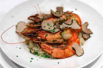 Black truffle slices shaved on top of a plate of grilled prawn risotto served at a luxury restaurant in Nice, France