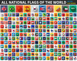 All national flags of the world . Flat color and long shadow design . Vector .
