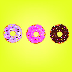 donut with glaze on yellow background. donut set isolates with colored sprinkles. Collection of tasty donuts for dessert, sweet, web design or print. Vector Illustration.