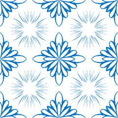 Blue tile seamless pattern design. Doodle snow or mandala illustration.