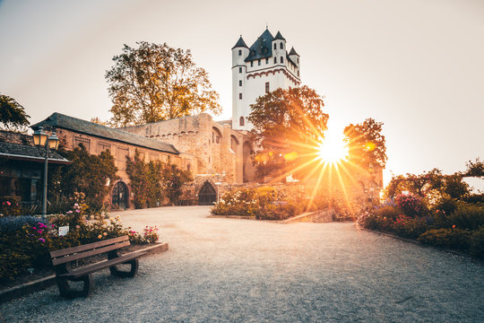 the fairytale Eltwille on the Rhine.  the beautiful Eltwille castle is located directly on the river at sunrise.  great sunrise