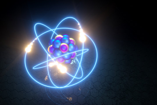 3D render nuclear fusion, there is a nuclear fission, pure energy. Copy space