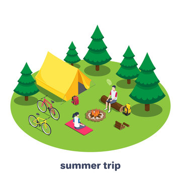 isometric vector image on a white background, a man and a woman on a campsite are sitting by the fire and tents in the forest, a bike trip or a summer trip