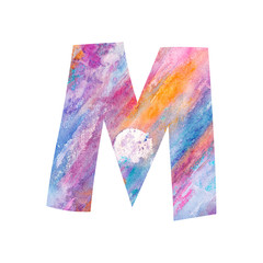 Letter M on white background with moon drawing by pastel.