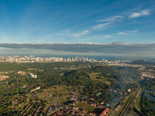 Beautiful aerial view of the Beautiful aerial view of the Panama Channel on the Sunset
