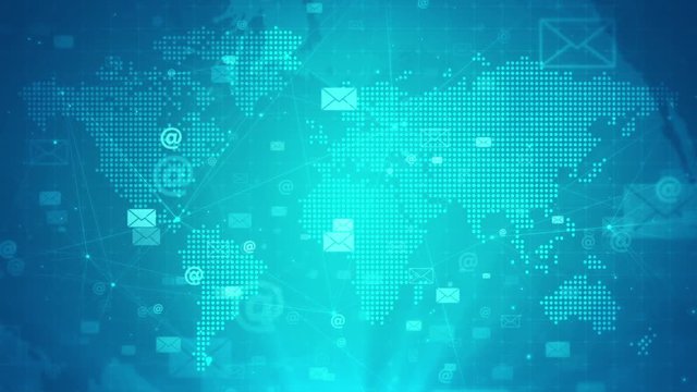 Mail icon digital network connected blue dots map blue background,Video background images  for business launches,Introduction to business marketing technology presentation content.