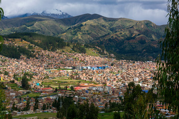Fototapeta na wymiar Panoramic view of Huaraz city with the White Range in the background, Ancash, Peru