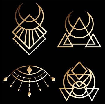 Art Deco, mythology, egyptian signs or symbols of the eyes triangle moon icon in gold color isolated on black background. EPS 10 vector.
