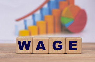 Fototapeta na wymiar The concept of the word wage on cubes against the background of the graph