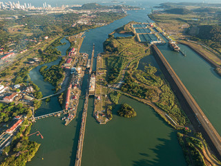 Beautiful aerial view of the Beautiful aerial view of the Panama Channel on the Sunset