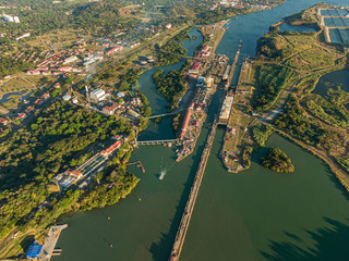 Beautiful aerial view of the Beautiful aerial view of the Panama Channel on the Sunset