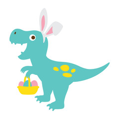 Vector illustration of a cute dinosaur with bunny ears holding a Easter eggs basket.