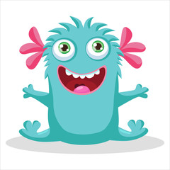 Cute Funny Small Baby Monster Vector Illustration. Cartoon Mascot On A White Background. Design for print, party decoration, t-shirt, illustration, logo, emblem or sticker.