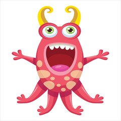 Cute Funny Monster Vector Illustration. Cartoon Mascot On A White Background. Design for print, party decoration, t-shirt, illustration, logo, emblem or sticker.