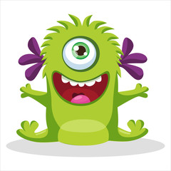 Cute Funny Green Monster With One Eye Vector Illustration. Cartoon Mascot On A White Background. Design For Print, Party Decoration, T-Shirt, Illustration, Logo, Emblem Or Sticker.