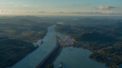 Beautiful aerial view of the Beautiful aerial view of the Panama Channel on the Sunset © Gian
