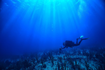 diver underwater unusual view, concept depth, diving in the sea