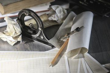 drawing tools, concept engineering project vintage / compass pencil paper education drafting