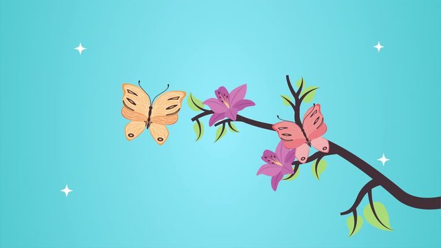 beautifull flowers garden and butterflies flying animation