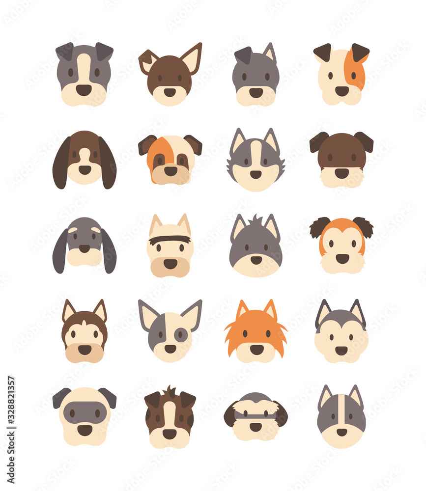 Poster set of icons of faces different breeds of dogs