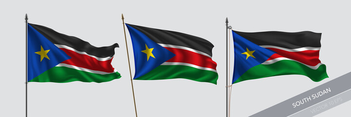 Set of South Sudan waving flag on isolated background vector illustration
