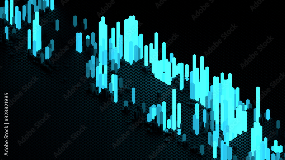 Poster 3d render of grid of blocks with pushing up bright details. complex digital and analysing concept. t