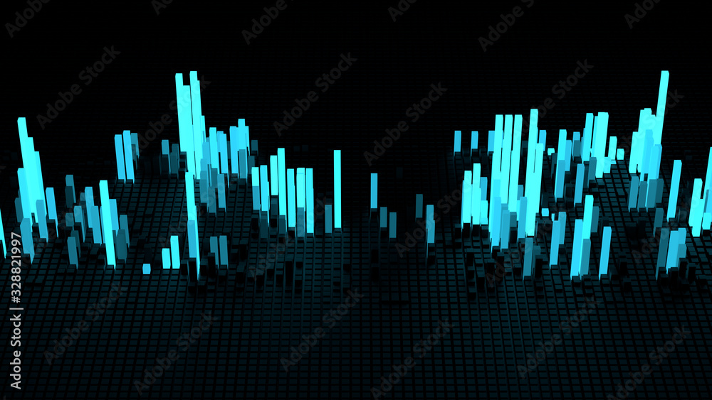 Poster 3d render of grid of blocks with pushing up bright details. complex digital and analysing concept. t
