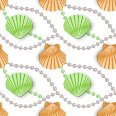 Beautiful seamless pattern of multicolored seashells with pearls. Vector illustration in cartoon style, endless pattern on white background