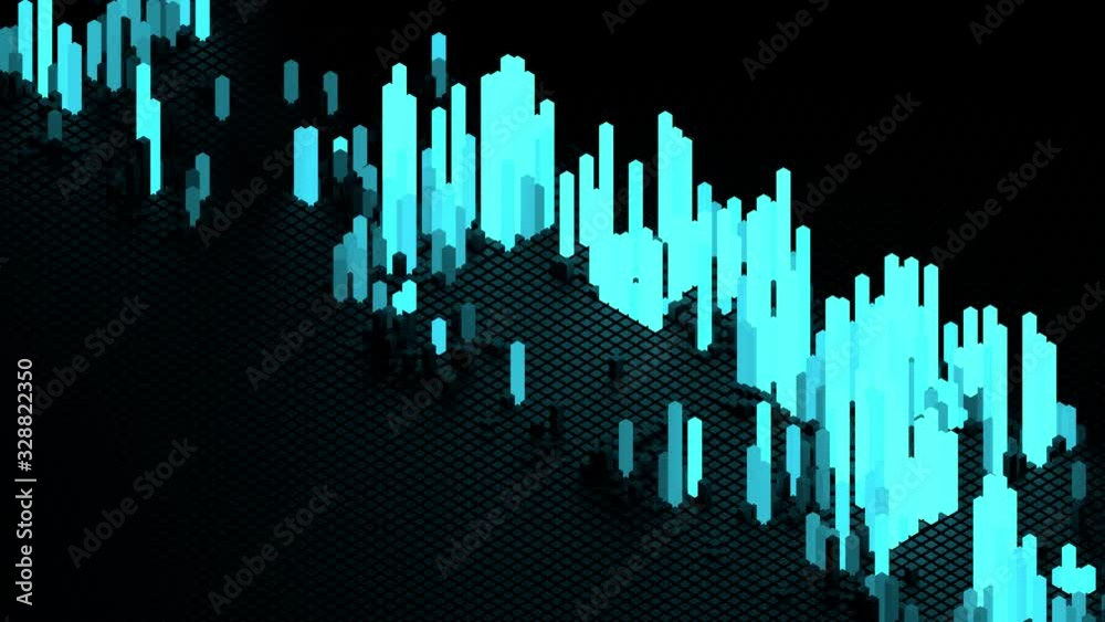 Poster blue 3d render of grid of blocks with pushing up details. complex digital and analysing concept. tec