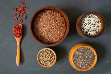 Superfood different seeds and goji berries, top view