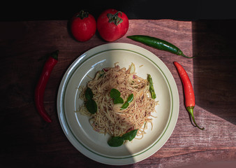 A dish of noodle or spaghetti