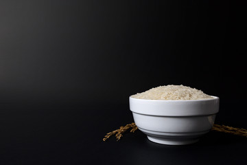 Thai jasmine rice in a white ceramic bowl on black background.