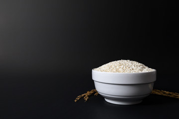 Thai glutinous rice in a white ceramic bowl on black background.