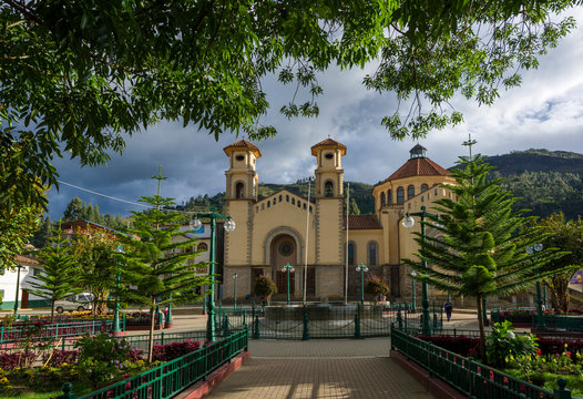 Panoramic view of the exterior of the main church of San Luis town in Ancash Region, Peru