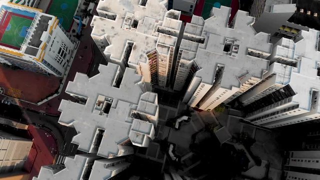 4K UHD aerial dramatic drone shot over old Hong Kong buildings