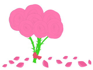 Vector. Illustrations. Gorgeous pink roses tied with pink ribbon. Scattered rose petals. Thorns.