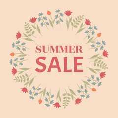 Summer sale design. Beautiful colorful illustration with floral decorative frame.