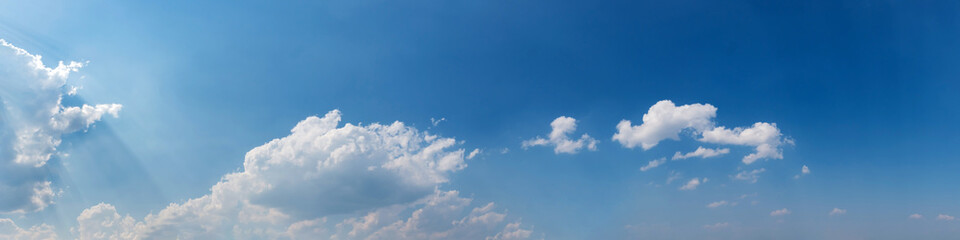 Naklejka na ściany i meble Panorama sky with cloud on a sunny day. Beautiful cirrus cloud. Panoramic image.
