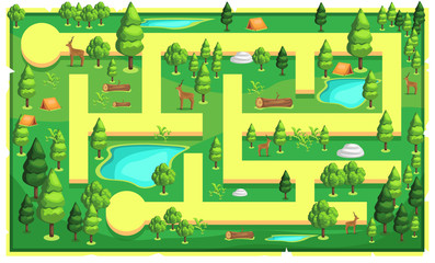 Map Green Mountain Nature with path and big trees, camping tents, wood, deer and water lake for 2D Game Platformer Vector Illustration