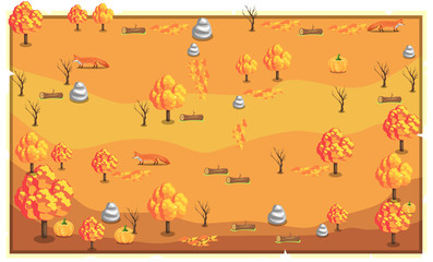 Map Light Orange Nature landscape with big trees, woods, rocks, fox, and pumpkin for Vector Illustration Design Ideas