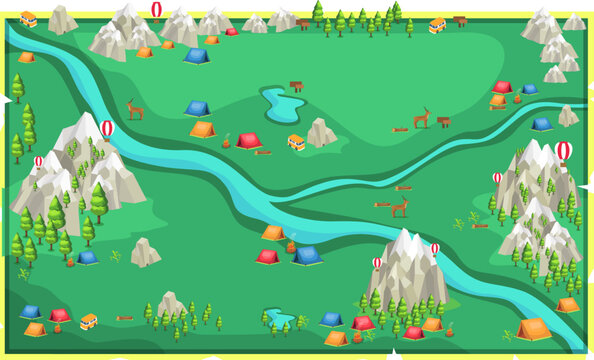 Map Green Rocks Mountain landscape with Big Trees, Rivers, Colorful tent camping, van, deers and woods Vector Illustration Design Ideas