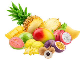 tropical fruits, Pineapple, dragon fruit, passionfruit, longan, mango, carambola, guava, isolated...