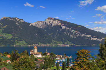 Fototapeta premium Natural landscapes of lakes, mountain and small town in Interlaken, Switzerland