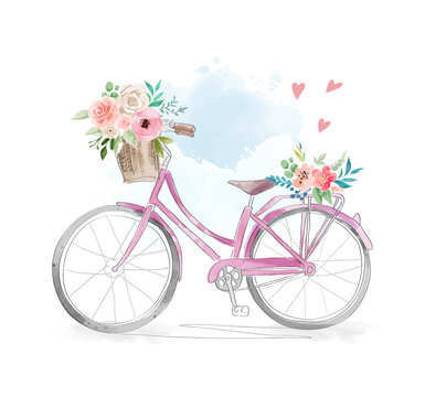 Watercolor Bicycle with Flowers in Basket illustration