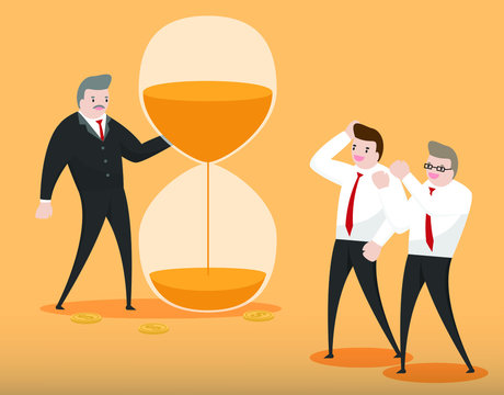 executive businessman showing hourglass to control time limit project.