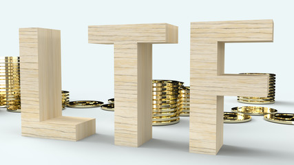wood text ltf and gold coins 3d rendering for business content.